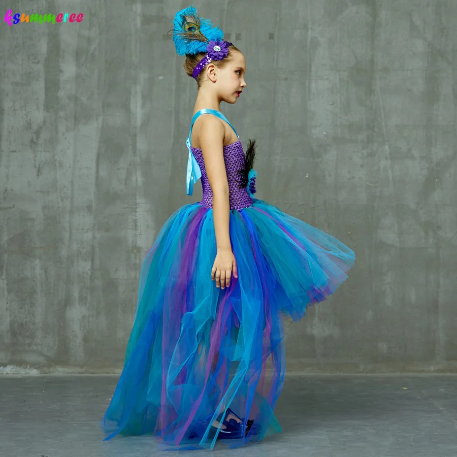 Peacock Tutu Costume Dress Child Girls Pageant Prom Ball Gown Princess Peacock Feather Halloween Birthday Party Train Dress