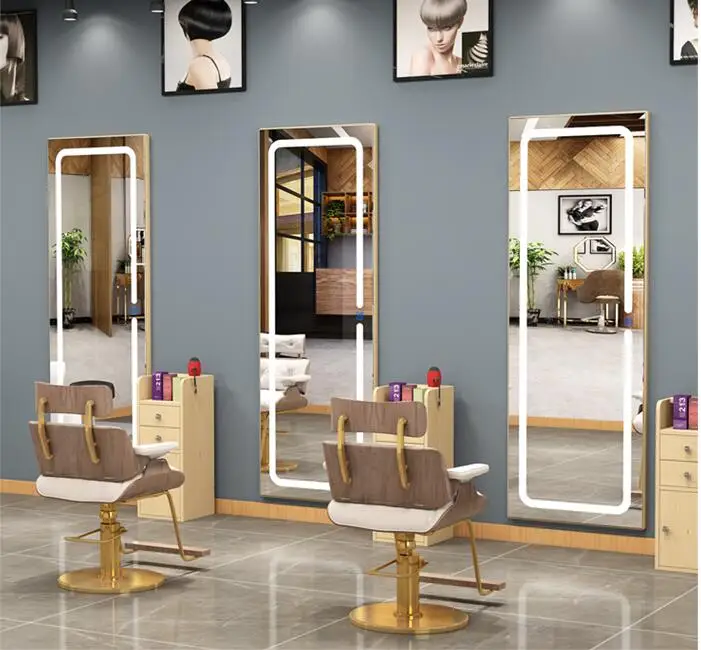 Solid wood simple online celebrity barber mirror landing wall double-sided mirror LED lighting mirror beauty salon dedicated