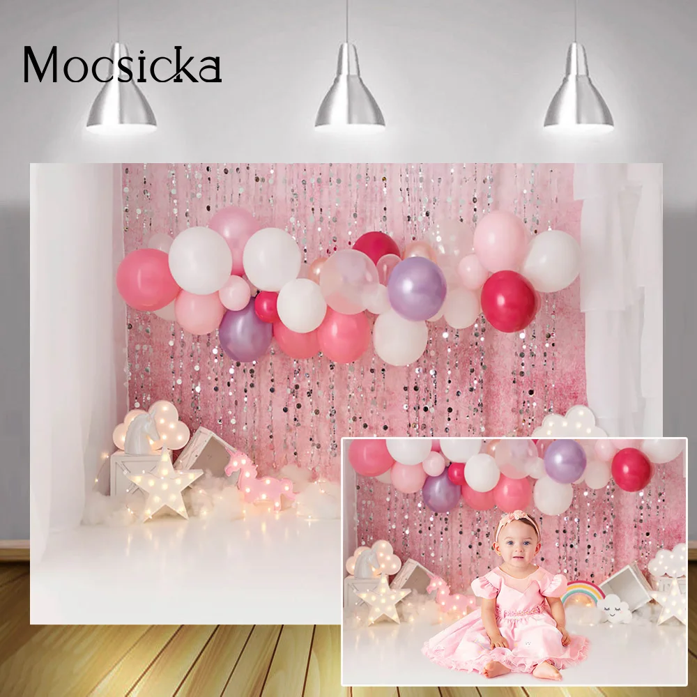 

Pink Sweet Girl One Birthday Cake Smash Backdrop Princess Newborn Portrait Background Balloons Sliver Twinkle Star Photography