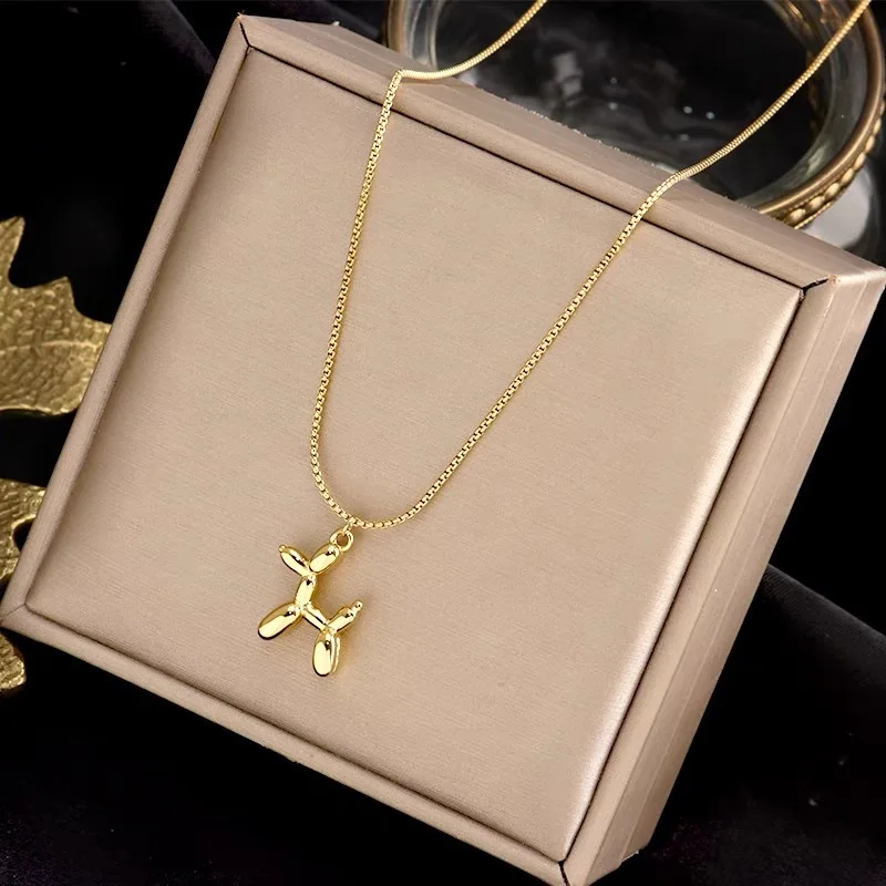 DIEYURO 316L Stainless Steel Cute Style Balloon Dog Golden Pendant Necklace Sweet Funny Clavicle Chain Unique Girl Birthday Gift