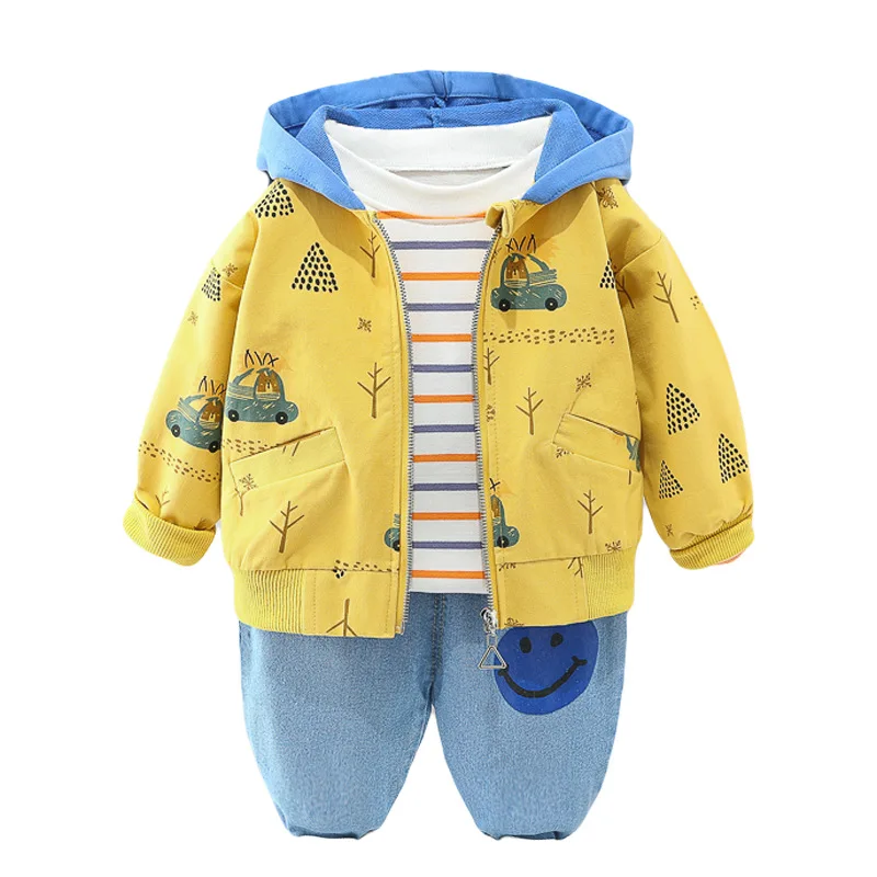 Baby Boys Clothing Sets Autumn Infant Cartoon Hooded Coats Stripe T Shirt Jeans Children Cotton Clothes Outfit Kids Sportswear