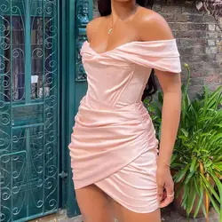 2021 Summer Solid Color Women Sexy Off Shoulder Short Sleeve V Neck Pleated Party Bodycon Mini Dress женское платье vestidos