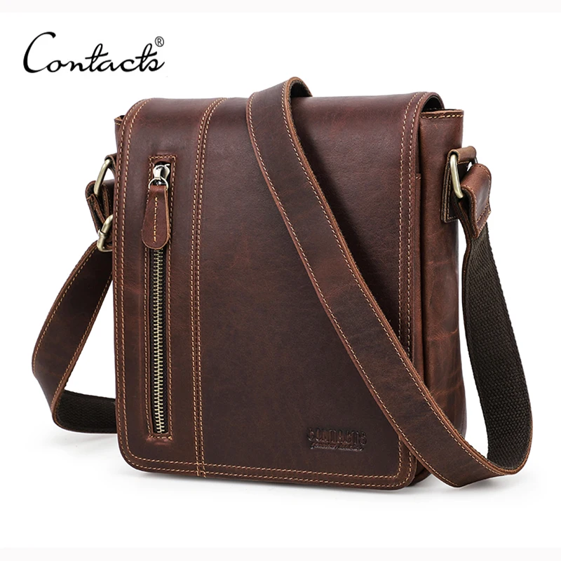 CONTACT\'S Business Men\'s Shoulder Bags Crazy Horse Leather Messenger Bag Flap Casual Male Small Crossbody Bag for 7.9 Inch iPad