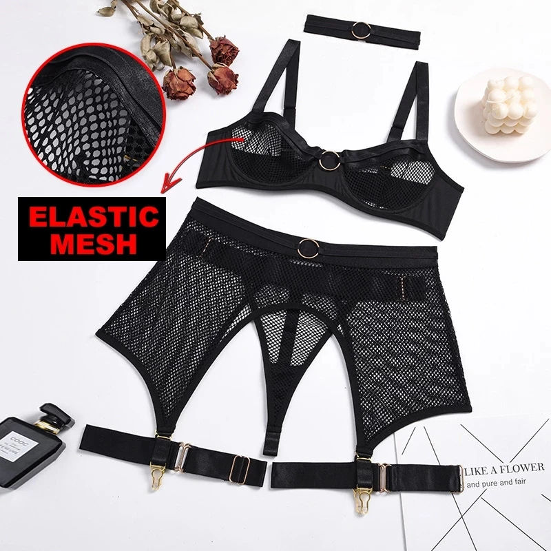 Ellolace Four-Piece Set Erotic Lingerie Transparent Bra Kit Push Up See Through Lace Langerie Mesh Seamless Underwear Garters