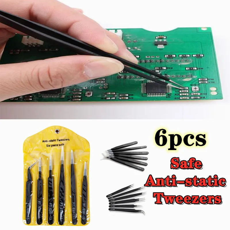 6Pcs Safe Anti-static Tweezers Tool ESD 10-15 Stainless Steel Tweezers for Soldering Station Electronic Component Repair Tools