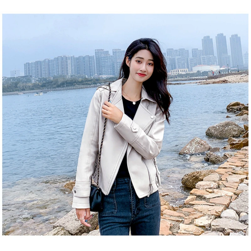 Korean Style PU Jacket Women Faux Leather Zipper Coat 2020 Autumn Slim Fit Preppy Style Long Sleeve Basic Cool Young Outwear