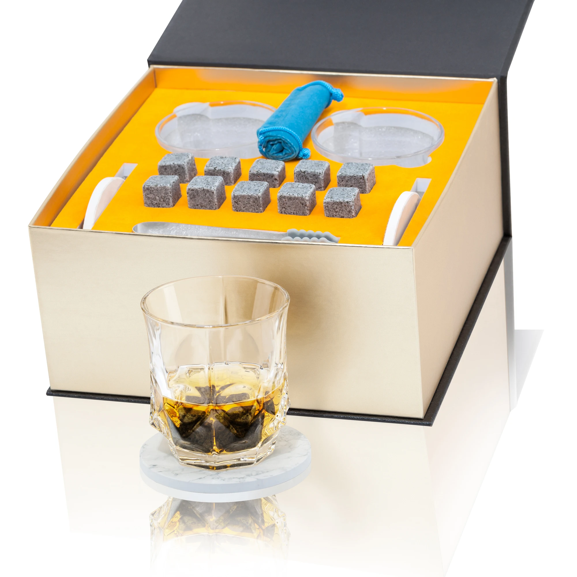 KANARS Whiskey Stone Gift Set, 10 Granite Chilling Rocks+2 Crystal Scotch Tumblers+2 Coasters For Men Fathers Husband Friends