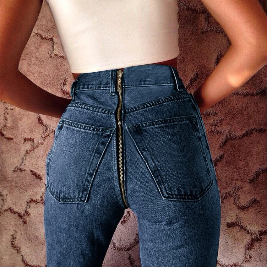 Denim Pants with Elastic and Sexy Back Zipper, Women\'s Classic High Waisted Tight Blue Color