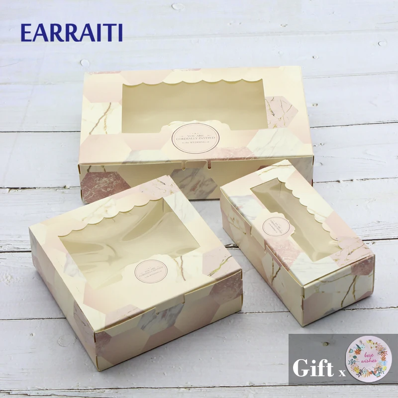 

12PCS Gift Box Packaging With Window Paper Cupcake Pink Flower Wedding Box Candy Cookies Toy Party Favors Pink Marble Stone