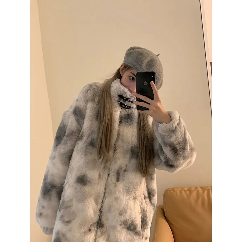 Streetwear Tie-Dye Faux Fur Jacket 2021ฤดูหนาวหนาผ้าฝ้าย Plush Warm เสื้อ Harajuku เกาหลีแฟชั่นผู้หญิงเสื้อผ้าแจ็คเก็ต