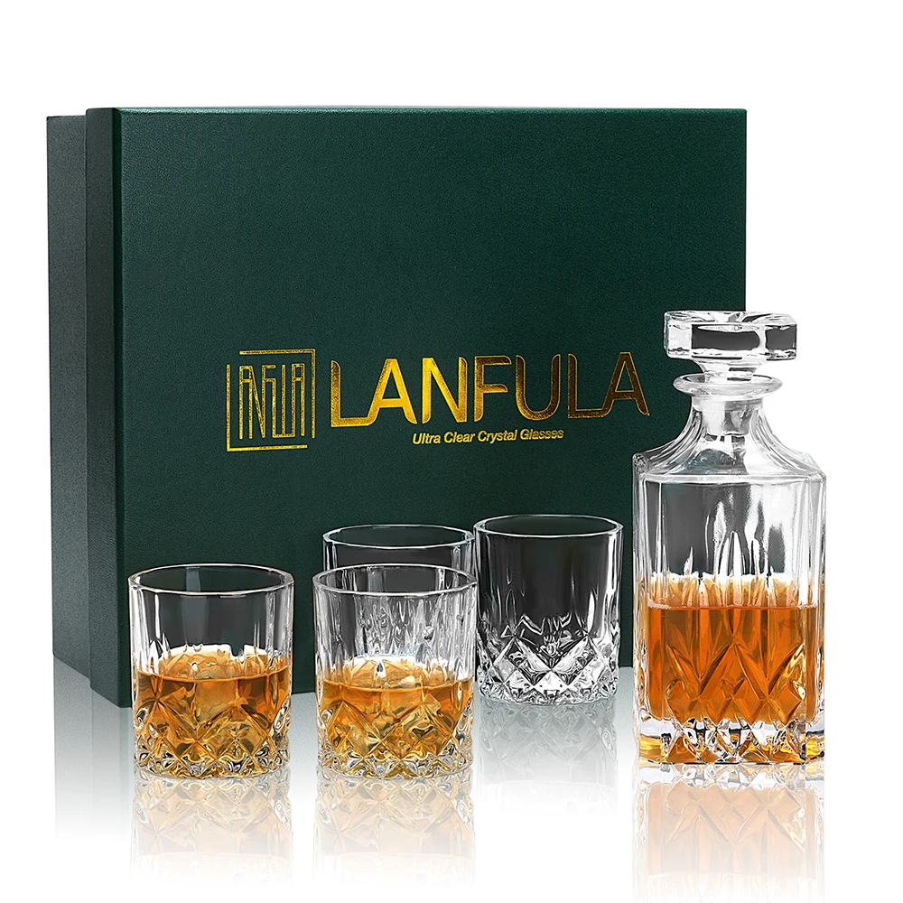 LANFULA Crafted Whiskey Decanter Set w/ 4pcs Old Fashioned Glasses in Unique Gift Box, For Men Dad Friends Father's Day