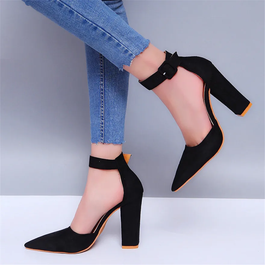 Ankle Belt Buckle Sexy Women Sandals Thick Heel Summer Shoes Pink Black Flock Pointed Toe Female High Heels Party Wedding Pumps