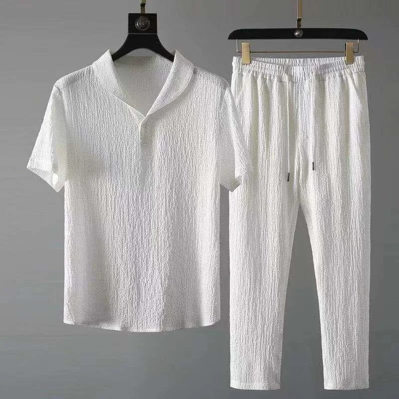 Fato de treino branco luxuoso masculino, calças de manga curta, terno fino de lazer, moda esportiva high-end, streetwear de ginástica, verão