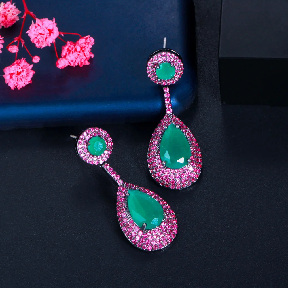 Pera Brazilian Emerald Green Cubic Zirconia Rose Red CZ Long Big Waterdrop Dangle Drop Earrings for Women Fashion Jewelry E722