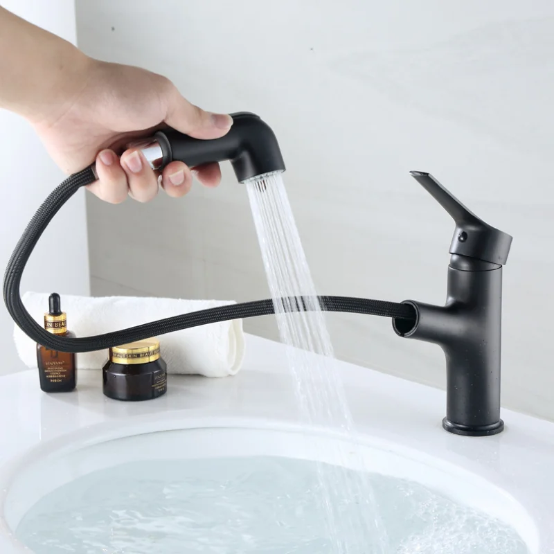 Smoking Pipe Brass Yahei Pull-out Basin Faucet Bathroom Black Retractable Multi-function Wash Shampoo Basin Faucet Vanity Faucet