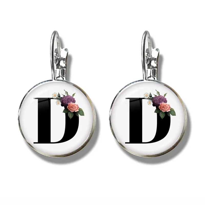 جديد بسيط A-Z 26 الإنجليزية الأبيض خلفية زهرة إلكتروني أقراط الأولي اسم إلكتروني تصميم زجاج دائري أقراط النساء #6