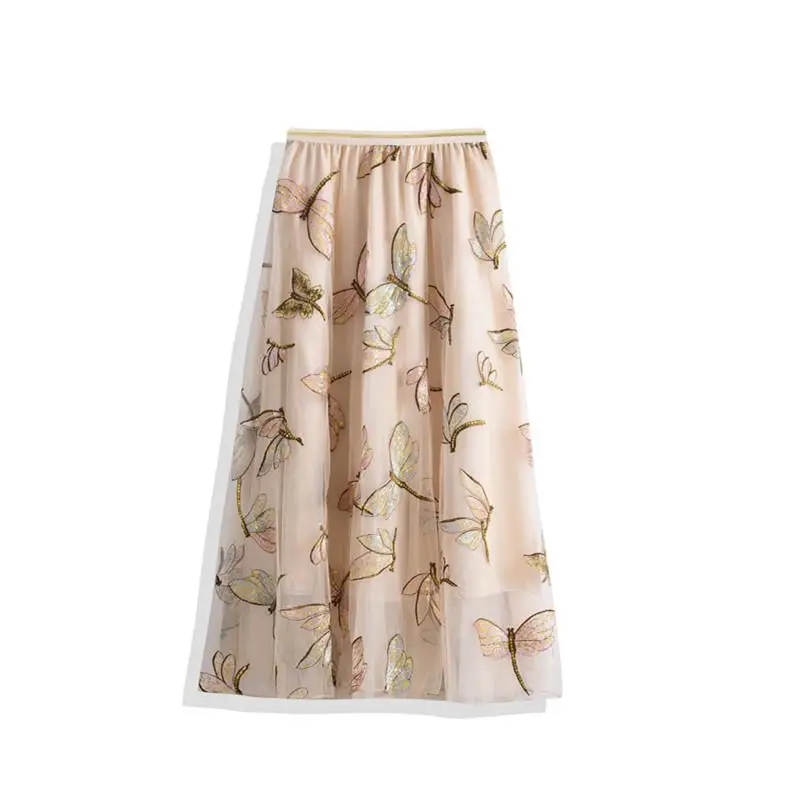 2024 Summer New Sequin Embroidery Dragonfly Skirt Female Casual Long Skirt Mesh Skirt Long Skirt A Word Skirt Free Shipping