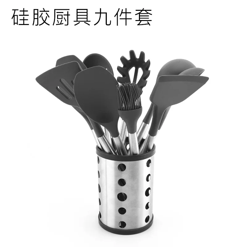 

Silica Gel Kitchen Ware 9-Piece Stainless Steel Handle Cooking Ladel Set Non-Stick Pan Shovel Spoon Kitchen Tools