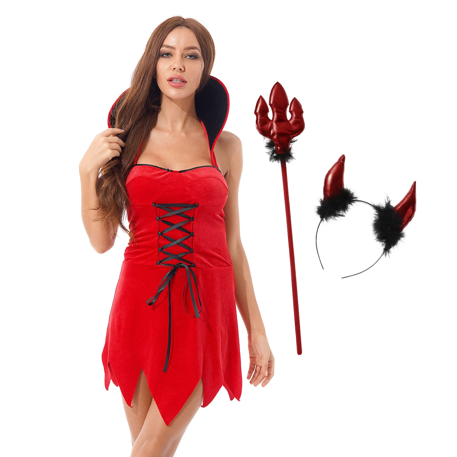 Womens Halloween Fancy Dress Devil Cosplay Costume Outfits Sleeveless Lace-up Velvet Dress with Devil Horn Headband Trident