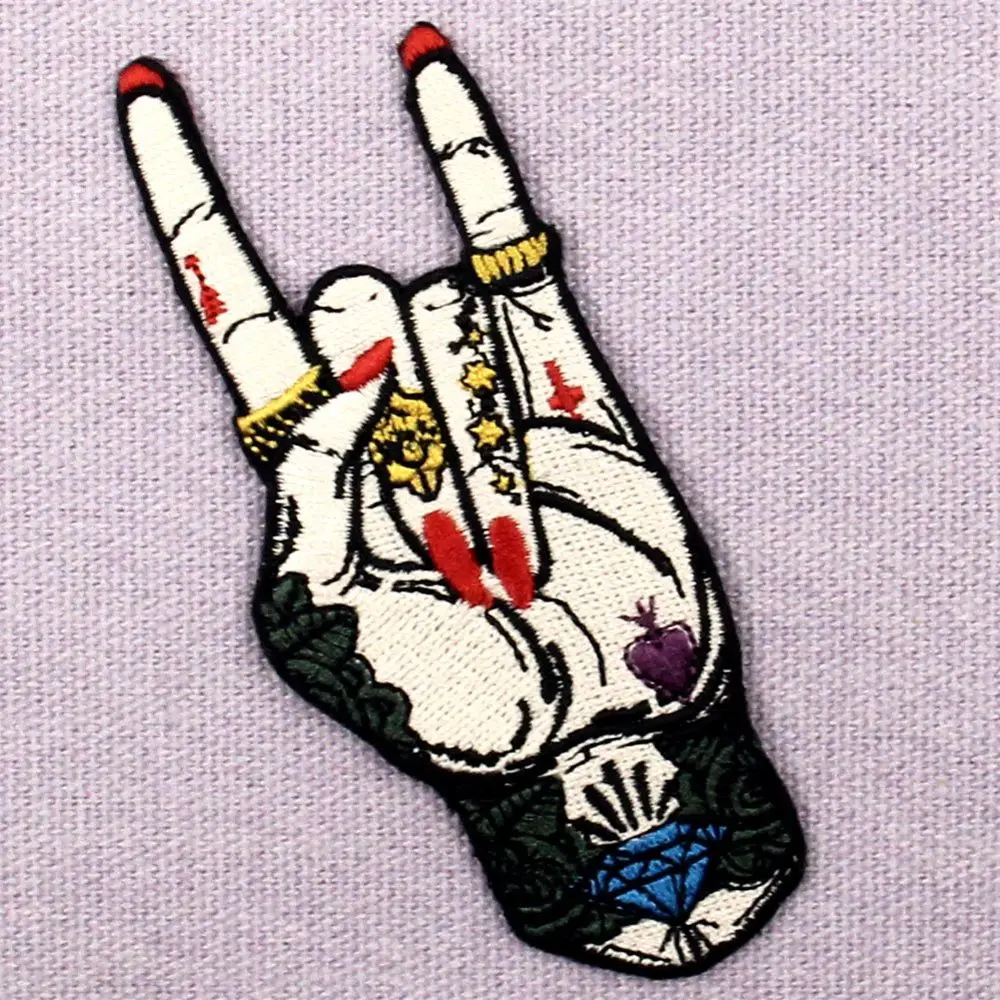 Embird patches Embroidered appliques Rock and Roll Tattoo Hand Symbol Finger Sign handmade patches for backpacks iron on patch