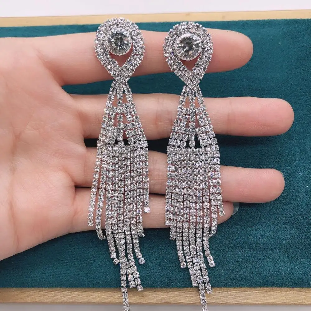 Hot sale in 2020 full shiny crystal long chain tassel pendant earrings for women fashion jewelry fashion fashion ladies statemen