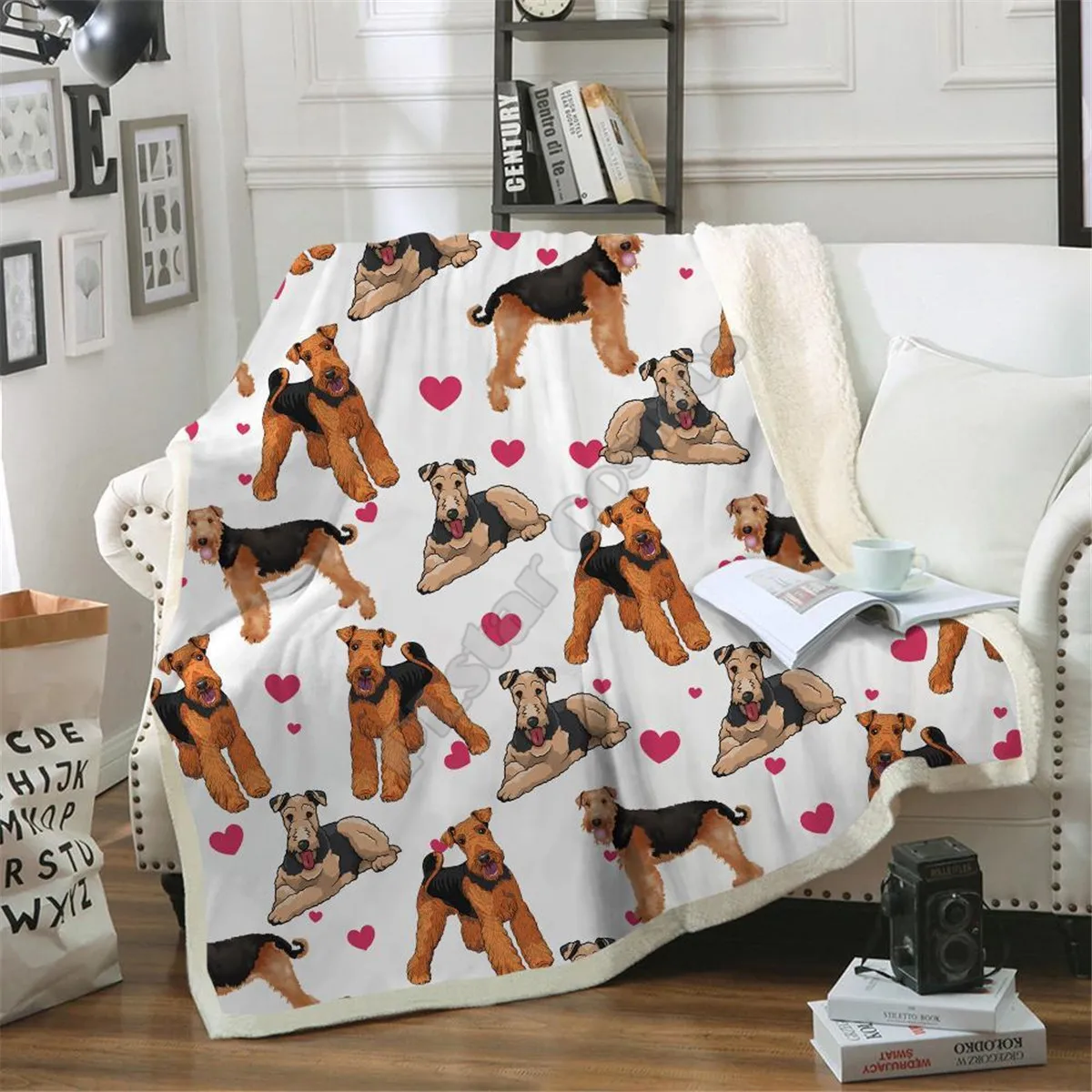 Love Cute Airedale Terrier Cozy Premium Fleece Blanket 3D printed Sherpa Blanket on Bed Home Textiles