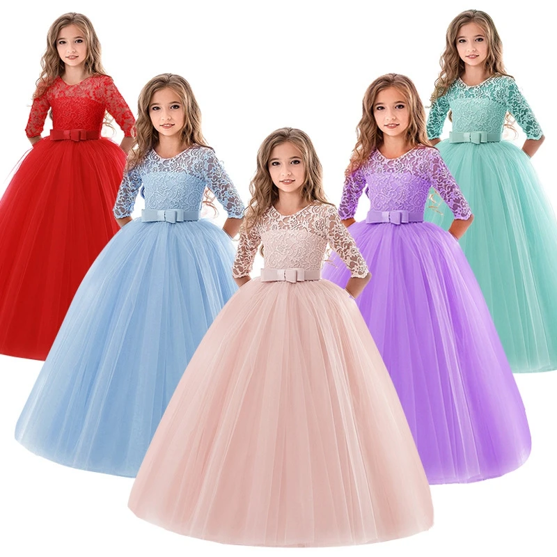Girls Flower Vintage Floral Lace 3/4 Sleeves Floor Length Dress Wedding Party Evening Formal Dance Gown