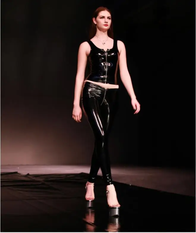 Women Lady Sexy Customized PU Leather Pants Glossy Slim Tight Low Waist Stretchy Zip Crotch Nightclub Stylish