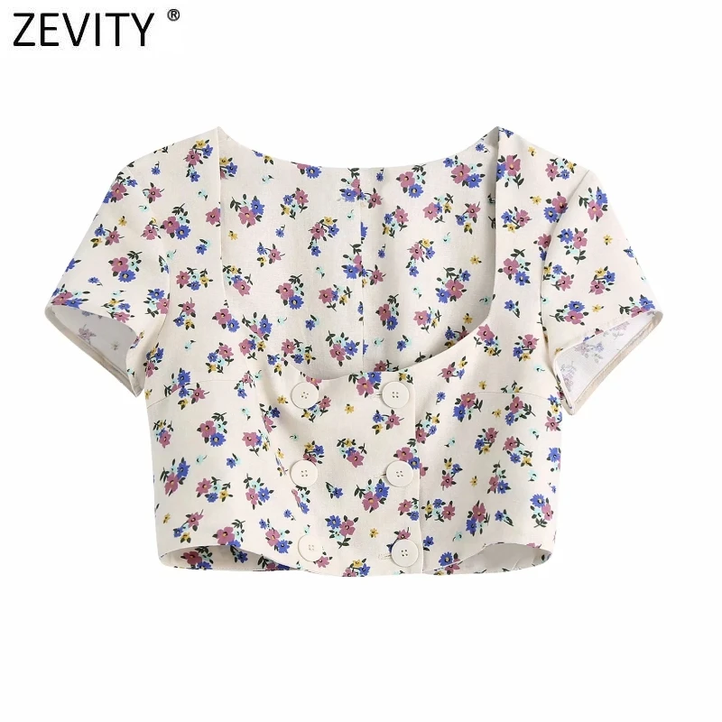 Women Vintage Square Collar Floral Print Short Shirt Double Breasted Casual Linen Blouses Lady Roupas Femininas Crop Tops LS9182