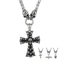 Punk Skull Cross Pendant Necklace Mens 316L Stainless Steel With Royal King Chain