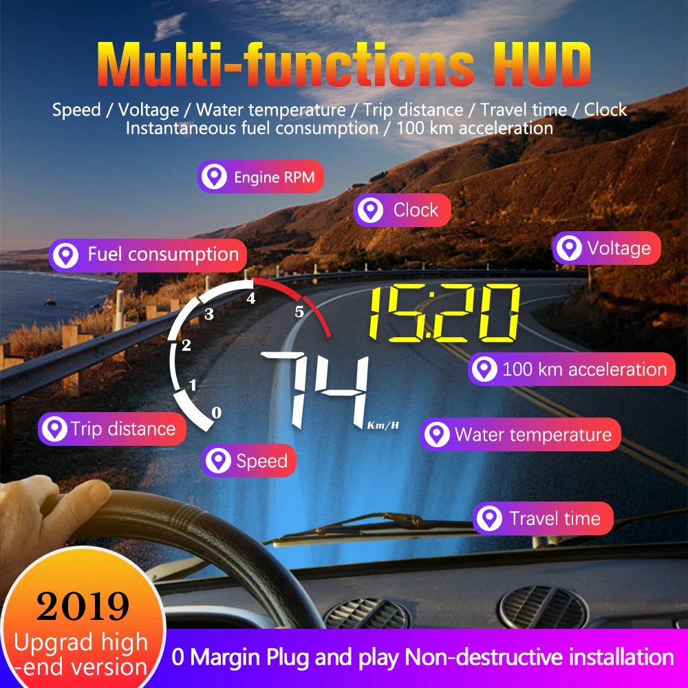 Newest Hud Car Obd2 Computer Head Up Display Obd Hud Digital Speedometer Windshield Projector ObdII Rpm Fatigue Driving Km/H Mph
