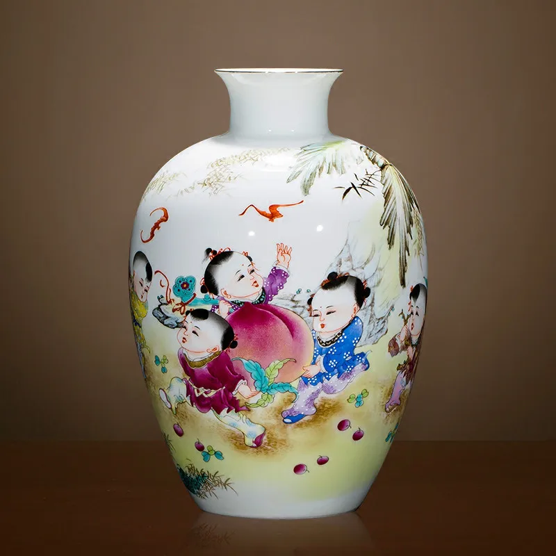 Jingdezhen Ceramic Vase Kids Peach Thin Bodied Vase Flower Arrangement Ornament Home Living Room Decoration Shelf