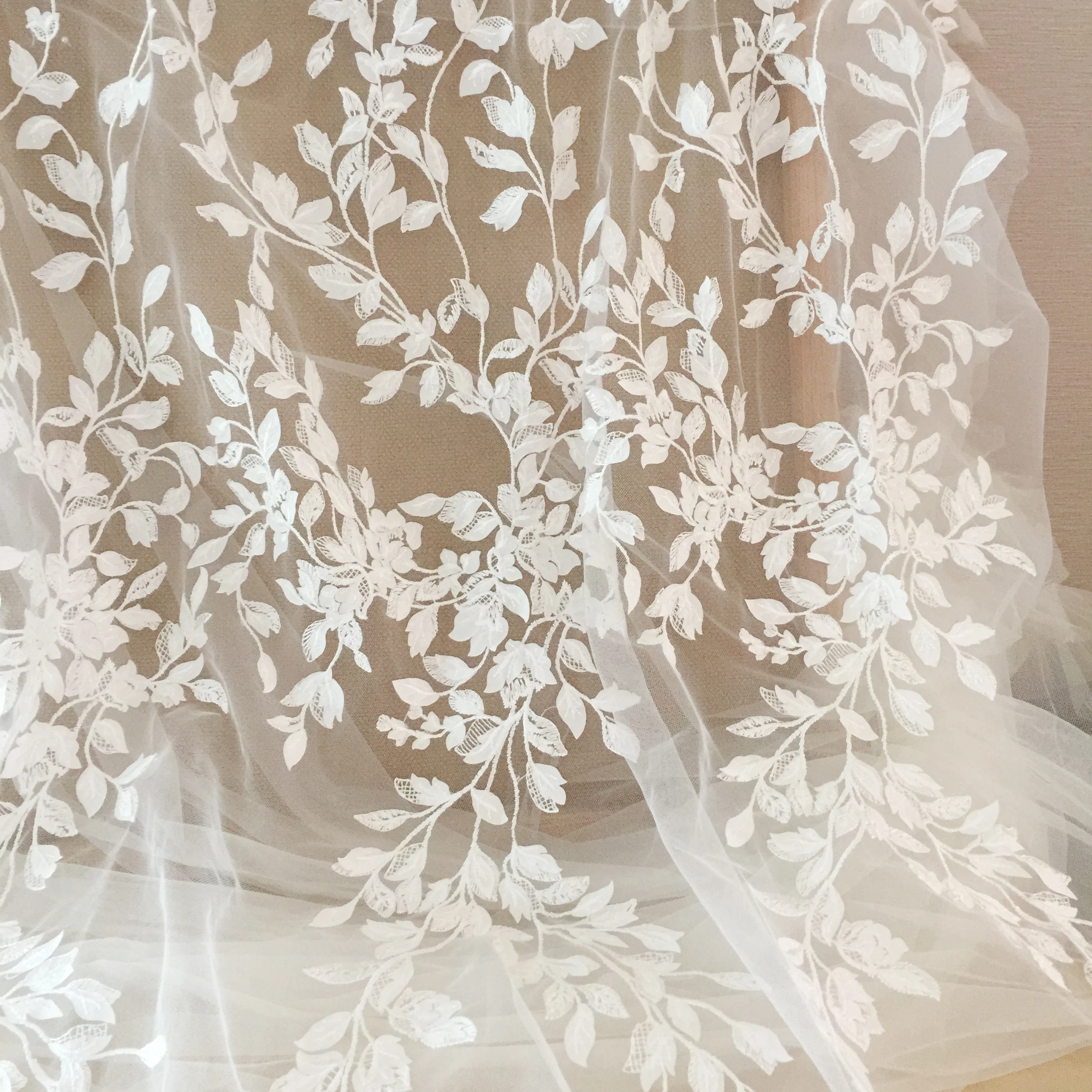 1 Yard 3D Ivory Laser Cut Flower Blossom Embroidery Lace Fabric by Yard for Wedding Gown Prom Dress Bridal Veils