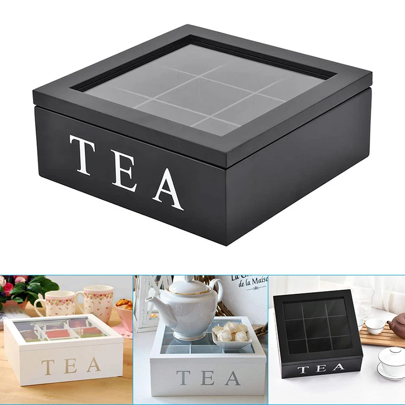 Wooden Storage Box with Visible Lid, 9 Cells, Fit for Tea Bag, Jewelry, Coffee, Retro Style, 23*23*9cm