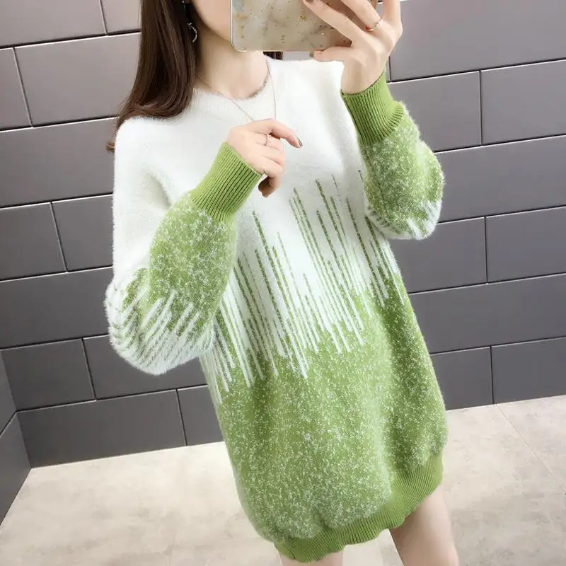 Imitation Mink Velvet Knitted Sweater For Women Fashion Autumn Winter Mid-Length Pullover Sweater Loose Thickened Bottom Dress