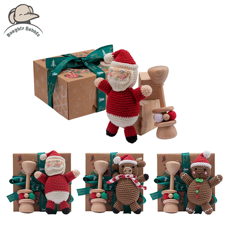 Papai noel crochê chocalhos brinquedos natal bebê chocalho brinquedo seguro mordedor de madeira chocalho cuidados de mascar brinquedo presentes de natal para crianças