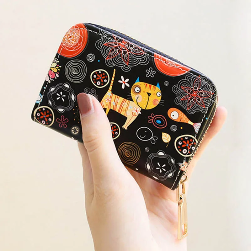 Kawaii Cat Women Girls Organ Card Bag PU Leather Wallet Cartoon Business Card Case Credit Card Holder Mini Zipper Clutch Bag