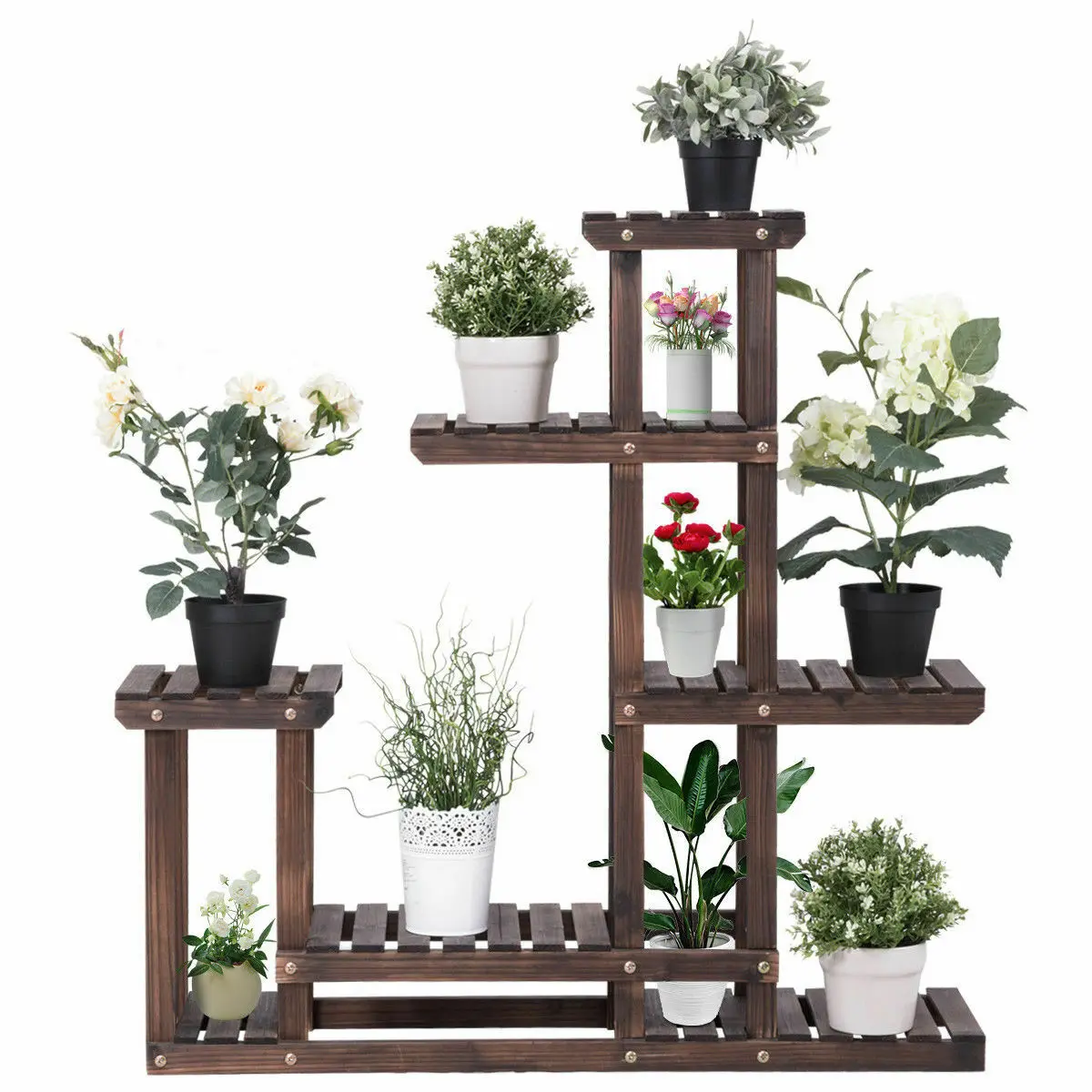 Home Garden Wooden Plant Display Rack Flowers Free Stand 6 Tier 10 Pots Shelf