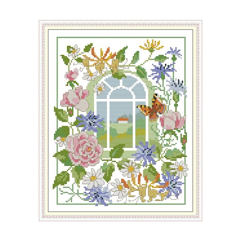 Four Seasons Flower Window View Cross Stitch Kit 14CT 11CT Counted Printing Fabric DIY Chinese Embroidery Kit Home Wall Deco