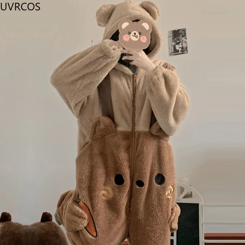 Cute Conjoined Pajamas For Women Warm Coral Fleece Cartoon Bear Ears Hooded Sleepwear Girly Kawaii Home Clothes Full Body Pajama