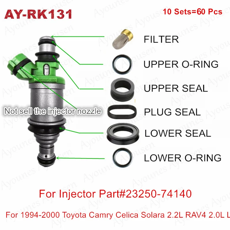 10sets/60pcs For Denso 23250-74140 Fuel Injector Repair Kits For Toyota Camry Celica  RAV4 2.0L 2.2L I4 1994-2000 (AY-RK131)