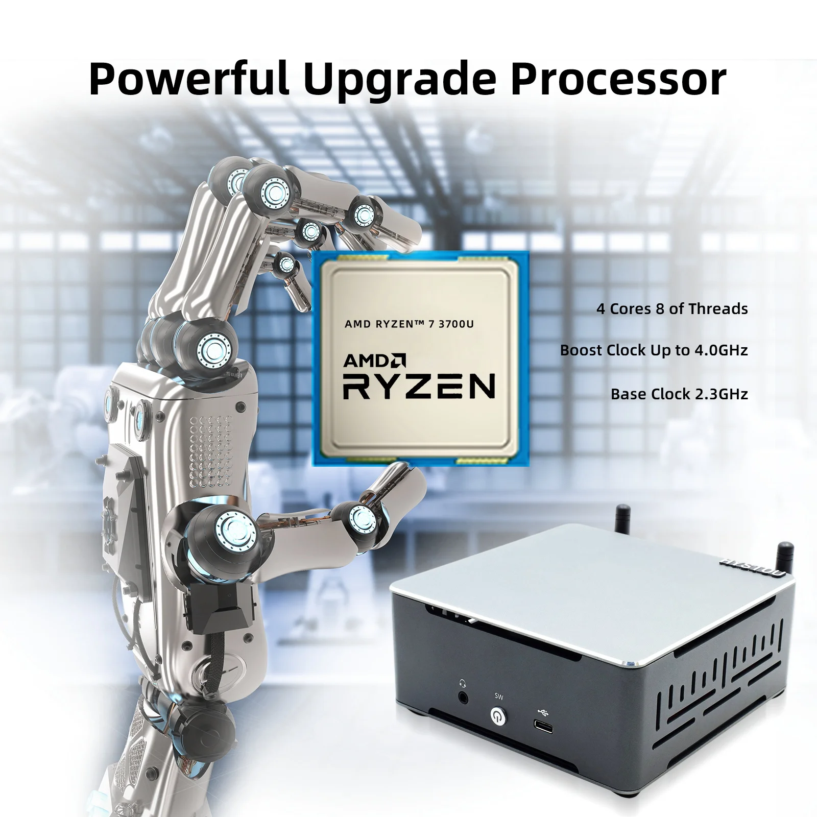 Hystou – Mini PC de jeu AMD Ryzen 7 3700u, ordinateur de bureau, Radeon RX Vega 10, graphique PCWin11, HDMI, DP, type-c, NVME, SSD, bluetooth, WiFi