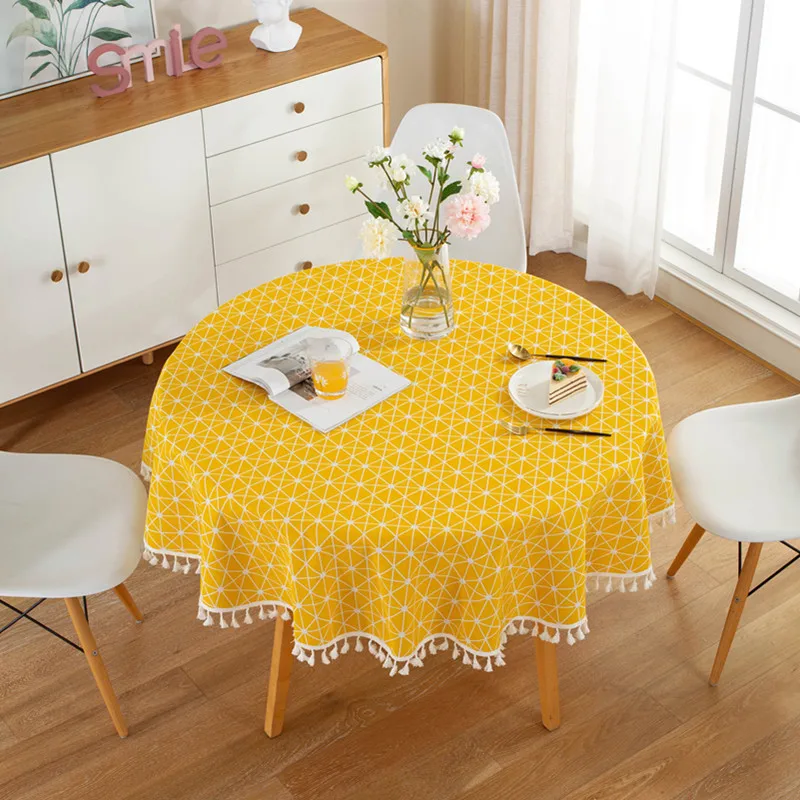 Cotton Linen Nordic Round Tablecloth Yellow Striped  White Tassel Lace Christmas Tree Dining Table Cover Washable Table Cloth