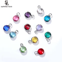 10pcs Wholesale Silver Color Metal Glass Crystal Birthstones Charms 6mm Mini Round Pendant for Diy Jewelry Making Accessories