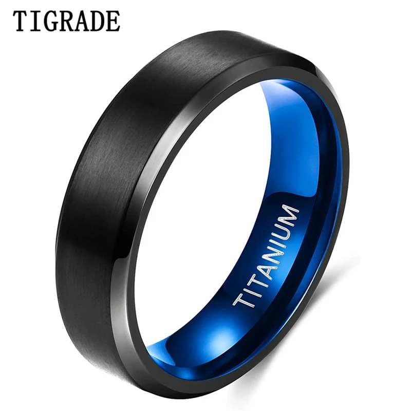 TIGRADE Pure Titanium Ring Men Women 6mm Black Matte Blue Wedding Engagement Band Brushed Unisex Couple Rings Comfort Fit