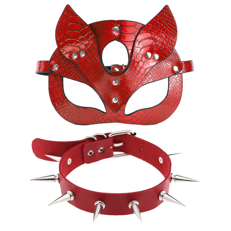 

Sexy Costumes of Erotic Red Leather Cat Eye Ears Mask Accessories With Collar For Men Women Fetish Bdsm Bondage Flirt Sex Toys