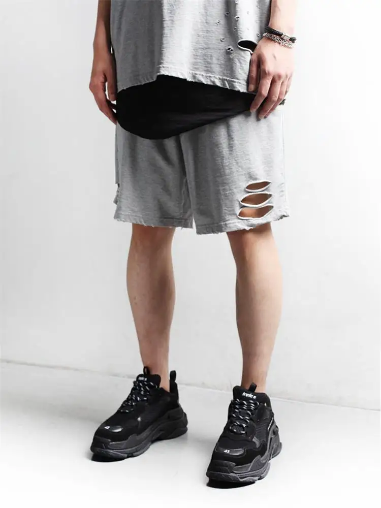 Men's Shorts Summer New Personality Hole Harajuku High Street Fashion Popular Youth Leisure Loose Oversized Shorts