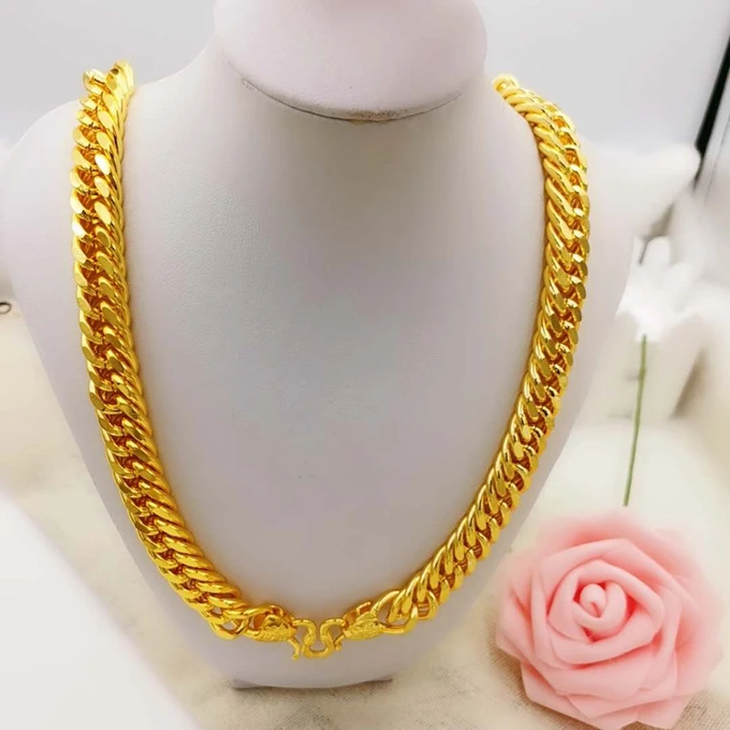 Pure Gold Color 10mm /12mm Wide Men\'s Necklace Fashion 24k GP Heavy Hip Hop /Rock Fashion Jewelry Chain for Men 60cm Long