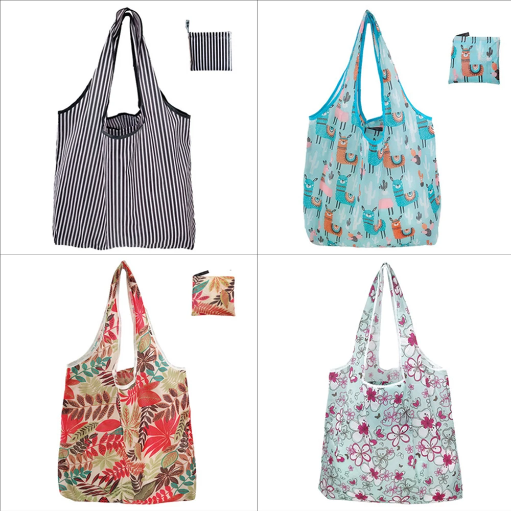 Foldable Shopping Bag Eco-friendly Folding Reusable Portable Shoulder Handbag Waterproof Polyester For Travel Grocery Bags