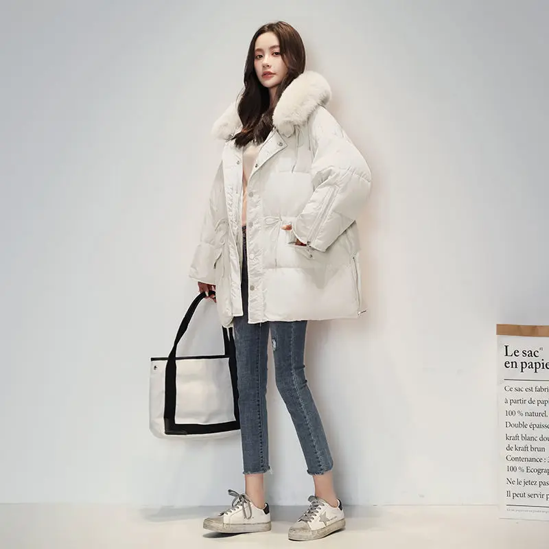 Korean Fashion Down Coat Parka Women Long Warm Winter Jackets Fox Fur Collar Hooded Down Coats Womens Candy Colors Down Outwear